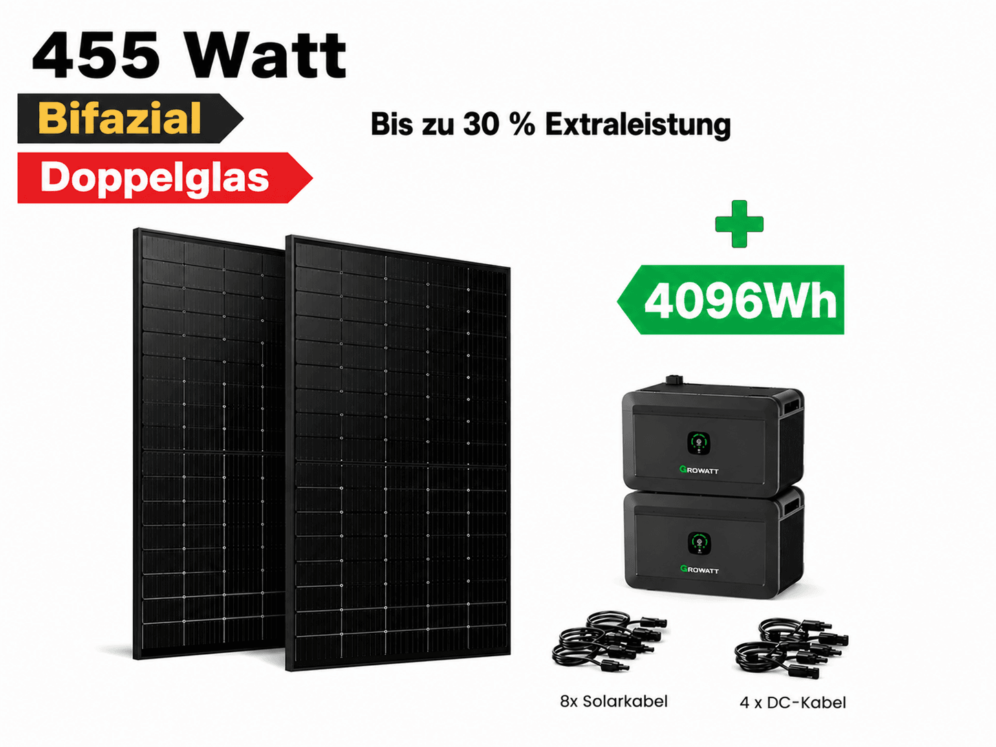1820 WP & 4 KW Speicher, 4 bifaziale Hochleistungsmodule 2 455 plus4kw