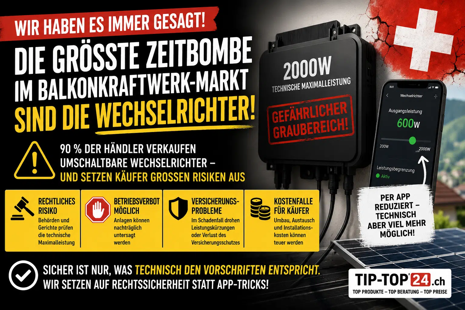 Wir haben es immer gesagt: Die grösste Zeitbombe im Schweizer Balkonkraftwerk-Markt sind nicht die Speicher – sondern umschaltbare Wechselrichter. 1 5e0817e9 ecdc 4759 8014 96691ea72188