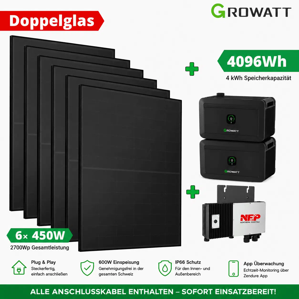 Genehmigungsfrei: 4 kW-Speicher & 6 bifaziale Solarmodule mit 2700 Watt 1 Solarpaneele mit Batteriespeicher und Zubehör