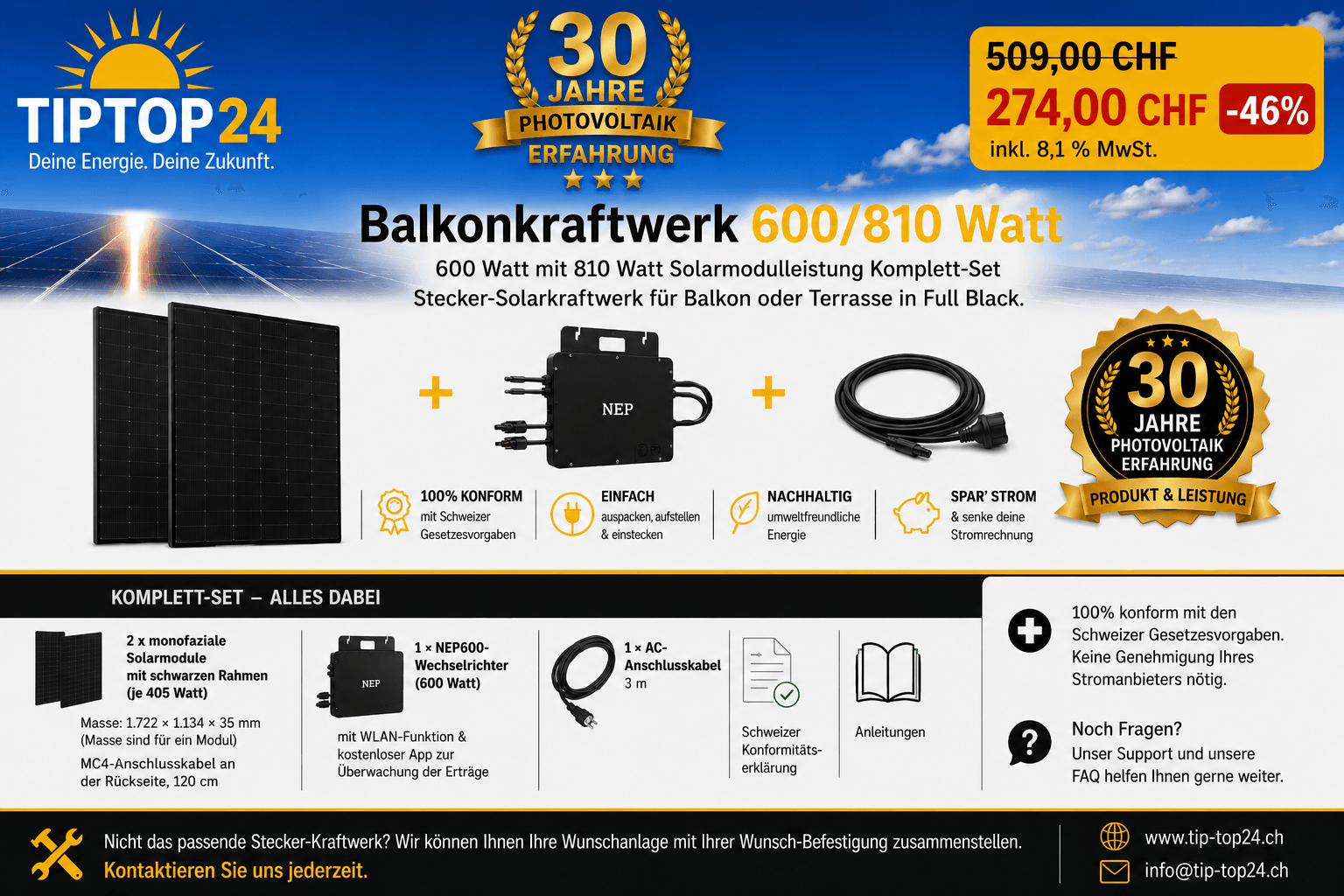 Balkonkraftwerk mit Solarpanelen und Zubehör