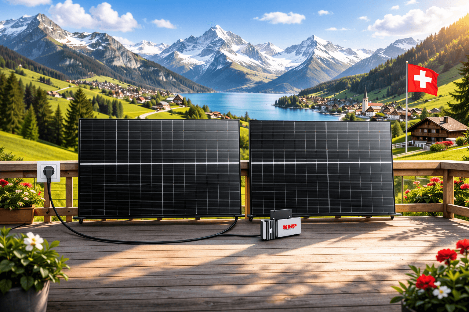 Solaranlage mit Berglandschaft und See