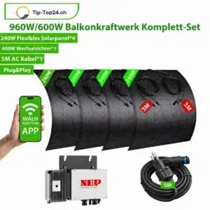 Flexibles Balkonkraftwerk 960/600 W mit vier 240-W-Solarmodulen, NEP 600 und 5-m-Anschlusskabel