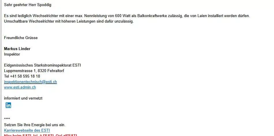 90 % aller in der Schweiz angebotenen Balkonkraftwerke sind illegal. 11 Antwort ESTI