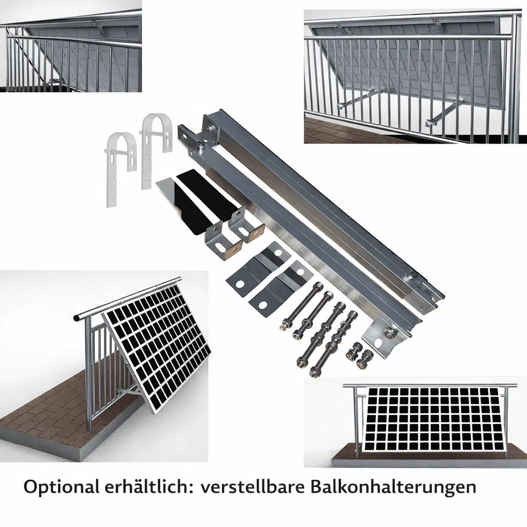 Genehmigungsfrei 2 KW Speicher und bificiale Solarmodule mit 1820 Watt 9 Balkonhalterungen für Solarpanels