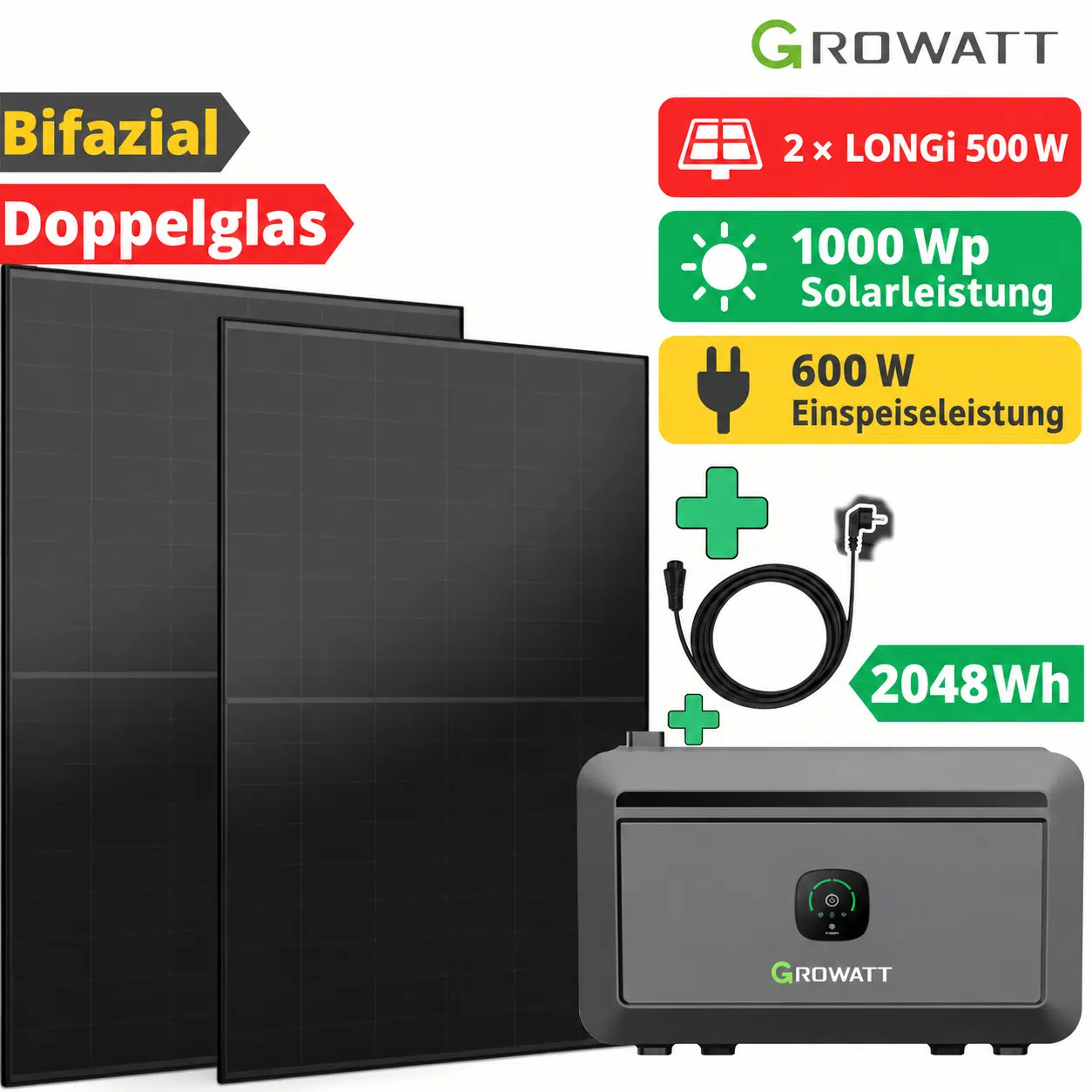 Growatt NOAH 2000 Balkonkraftwerk mit 2 × LONGi 500 W – 1000 Wp, 600 W Schweiz 1 Growatt NOAH 2000 Balkonkraftwerk mit 2 × LONGi 500 W – 1000 Wp, 600 W Schweiz
