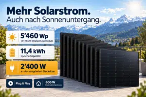 Plug-&-Play-Balkonkraftwerk mit 12 bifazialen 455-W-Modulen, 5’460 Wp Solarleistung, 11,4 kWh Speicher und 2’400 W an der integrierten Steckdose