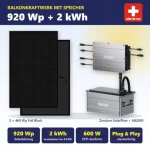 Balkonkraftwerk 920 Wp mit 2 kWh Zendure Speicher: 2 × 460 Wp Full Black Solarmodule mit Zendure SolarFlow und AB2000 Akku, erweiterbar bis 8 kWh, 600 W Schweiz, ESTI-konform, Plug & Play