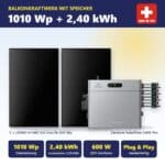 Balkonkraftwerk mit Speicher: 2 × LONGi Hi-MO S10 EcoLife 505 Wp (1010 Wp) mit Zendure SolarFlow 2400 Pro, 2,40 kWh Speicher, 600 W Schweiz, ESTI-konform, Plug & Play