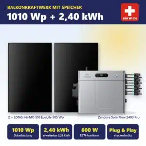 Balkonkraftwerk mit Speicher: 2 × LONGi Hi-MO S10 EcoLife 505 Wp (1010 Wp) mit Zendure SolarFlow 2400 Pro, 2,40 kWh Speicher, 600 W Schweiz, ESTI-konform, Plug & Play