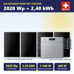 Balkonkraftwerk mit Speicher: 4 × LONGi Hi-MO S10 EcoLife 505 Wp (2020 Wp) mit Zendure SolarFlow 2400 Pro, 2,40 kWh Speicher, 2'400 W Notstrom-Steckdose, 600 W Schweiz, ESTI-konform