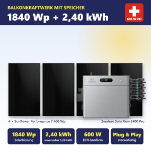 Balkonkraftwerk mit Speicher: 4 × SunPower Performance 7 460 Wp (1840 Wp) mit Zendure SolarFlow 2400 Pro, 2,40 kWh Speicher, 600 W Schweiz, ESTI-konform, Plug & Play