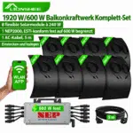 Flexibles Balkonkraftwerk 1920/600 W mit acht 240-W-Modulen, NEP 2000 fest auf 600 W begrenzt und 5-m-Kabel