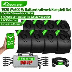 Flexibles Balkonkraftwerk 1920/600 W mit acht 240-W-Modulen, NEP 2000 fest auf 600 W begrenzt und 5-m-Kabel