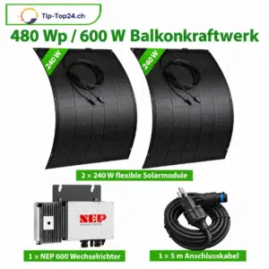 Flexibles Balkonkraftwerk mit zwei 240-Wp-Modulen, NEP 600 und 5-m-Anschlusskabel