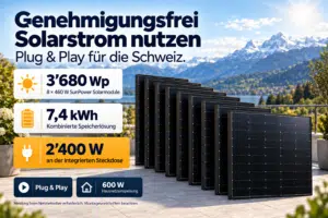 Balkon-Terrassen-Kraftwerke 9 Genehmigungsfreies SunPower Balkonkraftwerk mit 8 × 460 Wp, 7,4 kWh kombiniertem Speicher und 2400 W integrierter Steckdose