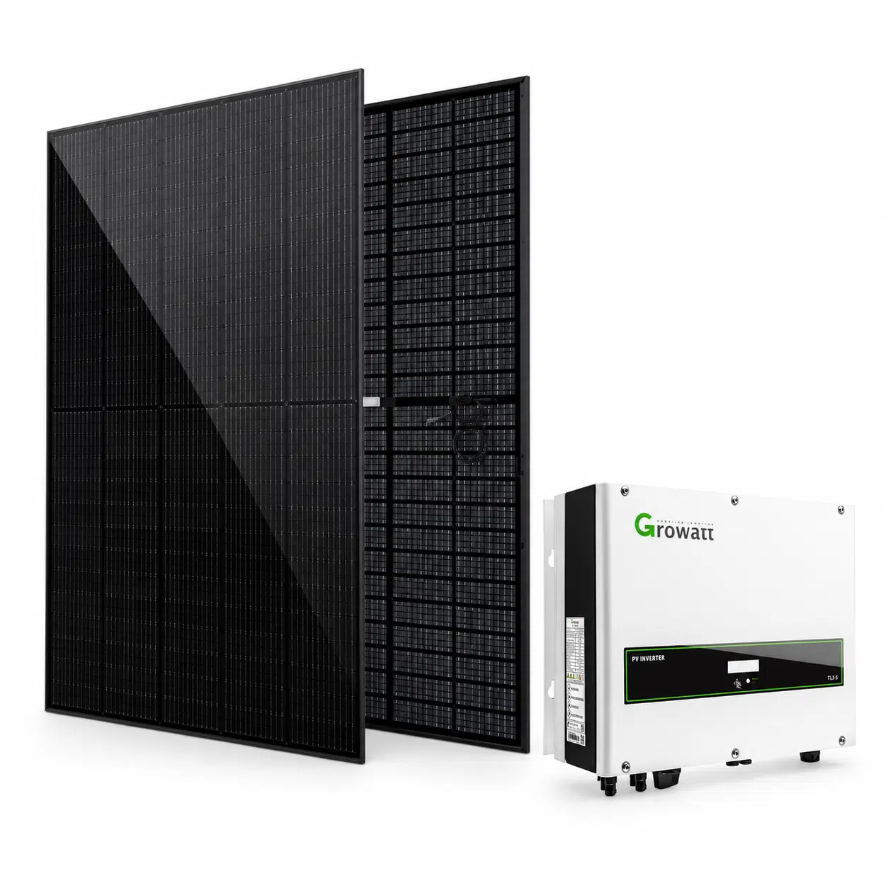 6,6 kWp PV-Dachanlage zur Selbstmontage – mit 5 kWh Speicher 1 Solarmodul mit Vorder- und Rückseite und Growatt Wechselrichter – Beispielabbildung zur Selbstmontage