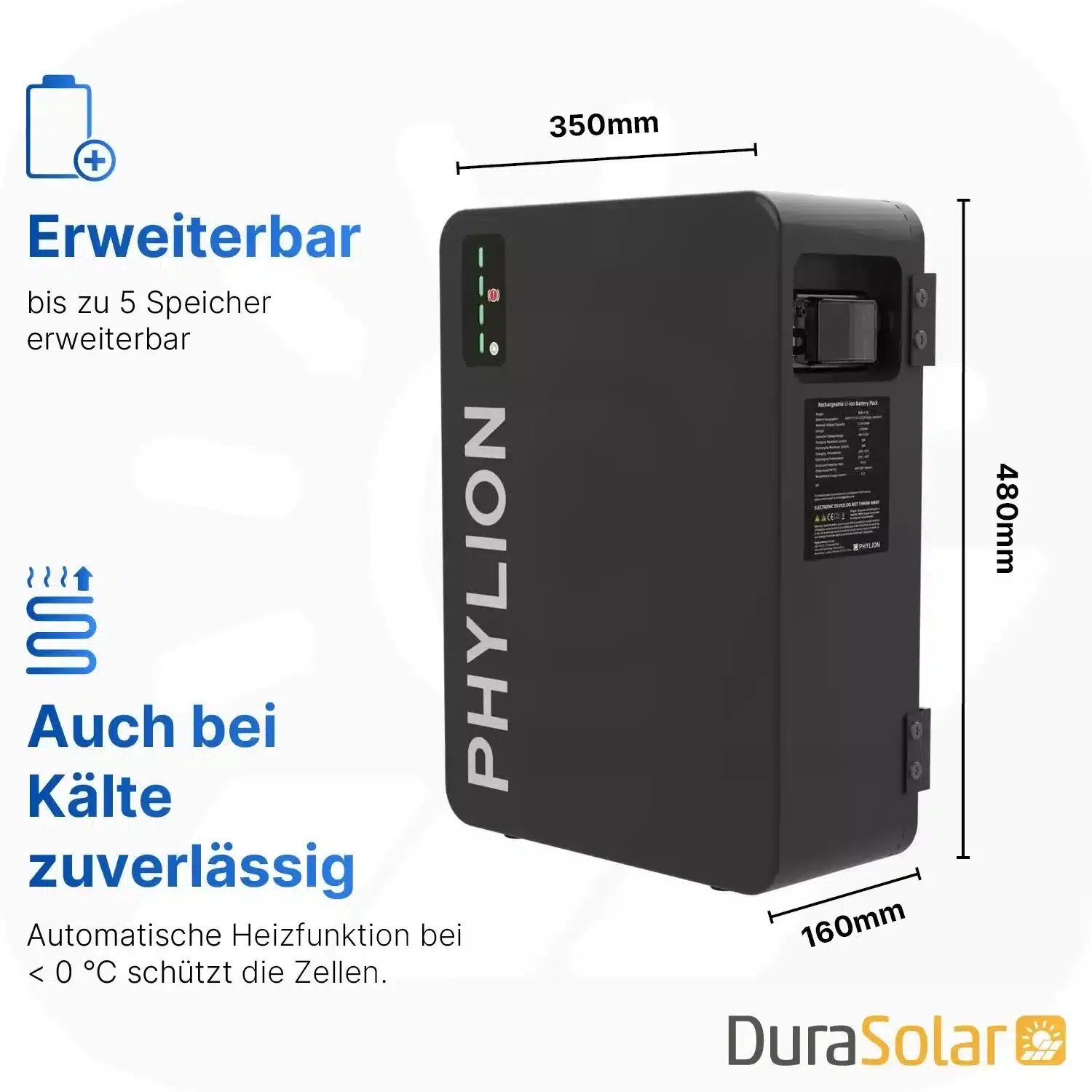 Phylion 2,76 kWh LiFePO4 Batteriespeicher – IP65 mit Heizmatte für APsystems EZHI 4 Phylion Batteriespeicher – Abmessungen