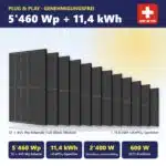 Genehmigungsfreies Plug & Play Balkonkraftwerk Schweiz: 12 × 455 Wp bifaziale Full-Black-Module (5'460 Wp) mit 11,4 kWh LiFePO4-Speicher, 2'400 W Steckdose notstromfähig, 600 W ESTI-konform