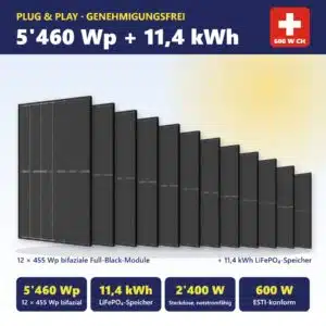 Genehmigungsfreies Plug & Play Balkonkraftwerk Schweiz: 12 × 455 Wp bifaziale Full-Black-Module (5'460 Wp) mit 11,4 kWh LiFePO4-Speicher, 2'400 W Steckdose notstromfähig, 600 W ESTI-konform