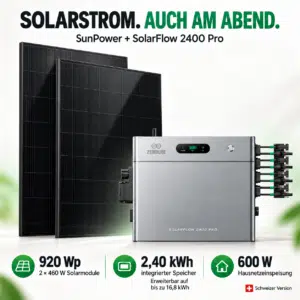 Zwei SunPower Solarmodule mit 920 Wp und Zendure SolarFlow 2400 Pro mit 2,40 kWh Speicher, erweiterbar auf bis zu 16,8 kWh